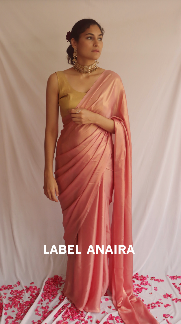 Back view showcasing the stylish drape and design details of the Rosy Pink Shimmer Saree.