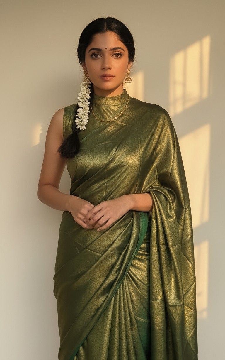 Bridesmaid look, dark green satin shimmer saree with fluid drape, model is wearing traditional accessories, a modern matching satin shimmer blouse complimenting the saree