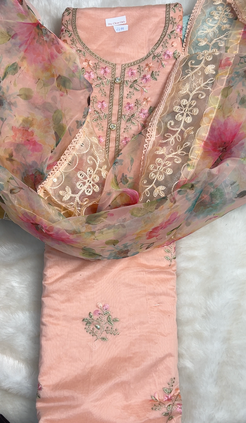 Beautifully styled dupatta paired with the Fully Worked Unique Organza Unstitched Suit, showcasing its intricate embroidery and elegant draping.