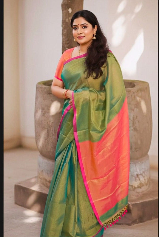 Light Green - Pink Linen Tissue Saree