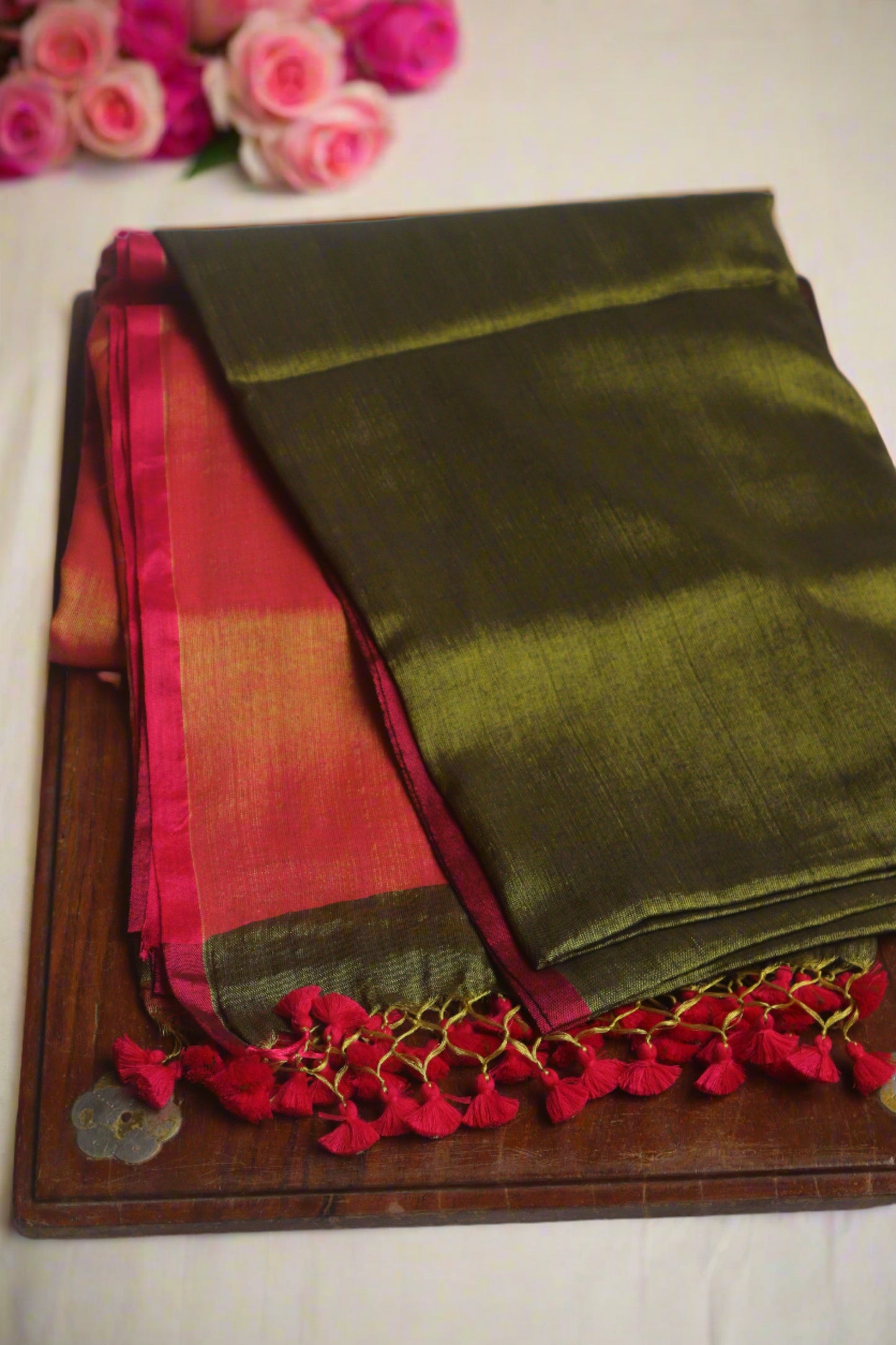 Dark Green - Pink Cotton Tissue Saree - Label Anaira