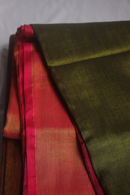 Dark Green - Pink Cotton Tissue Saree - Label Anaira