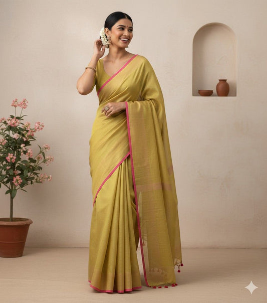 Model wearing lime and pink linen tissue saree for festive occasions