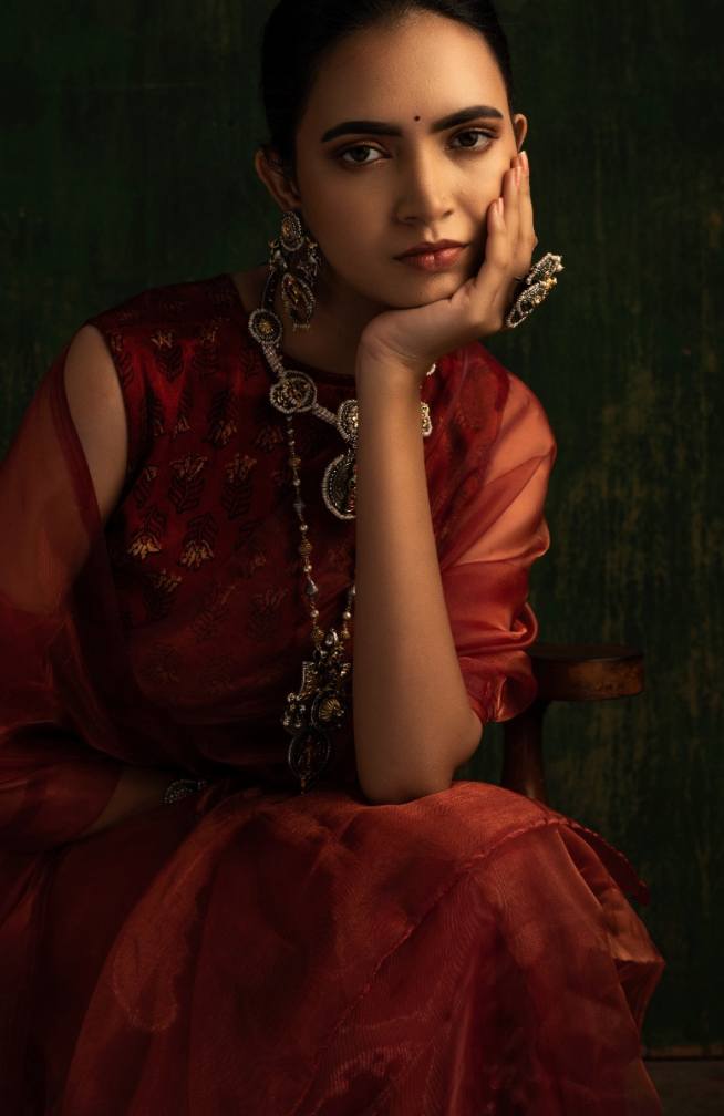 A model showcasing the Honeywine Organza Saree from the front, emphasizing its elegant drape and intricate patterns