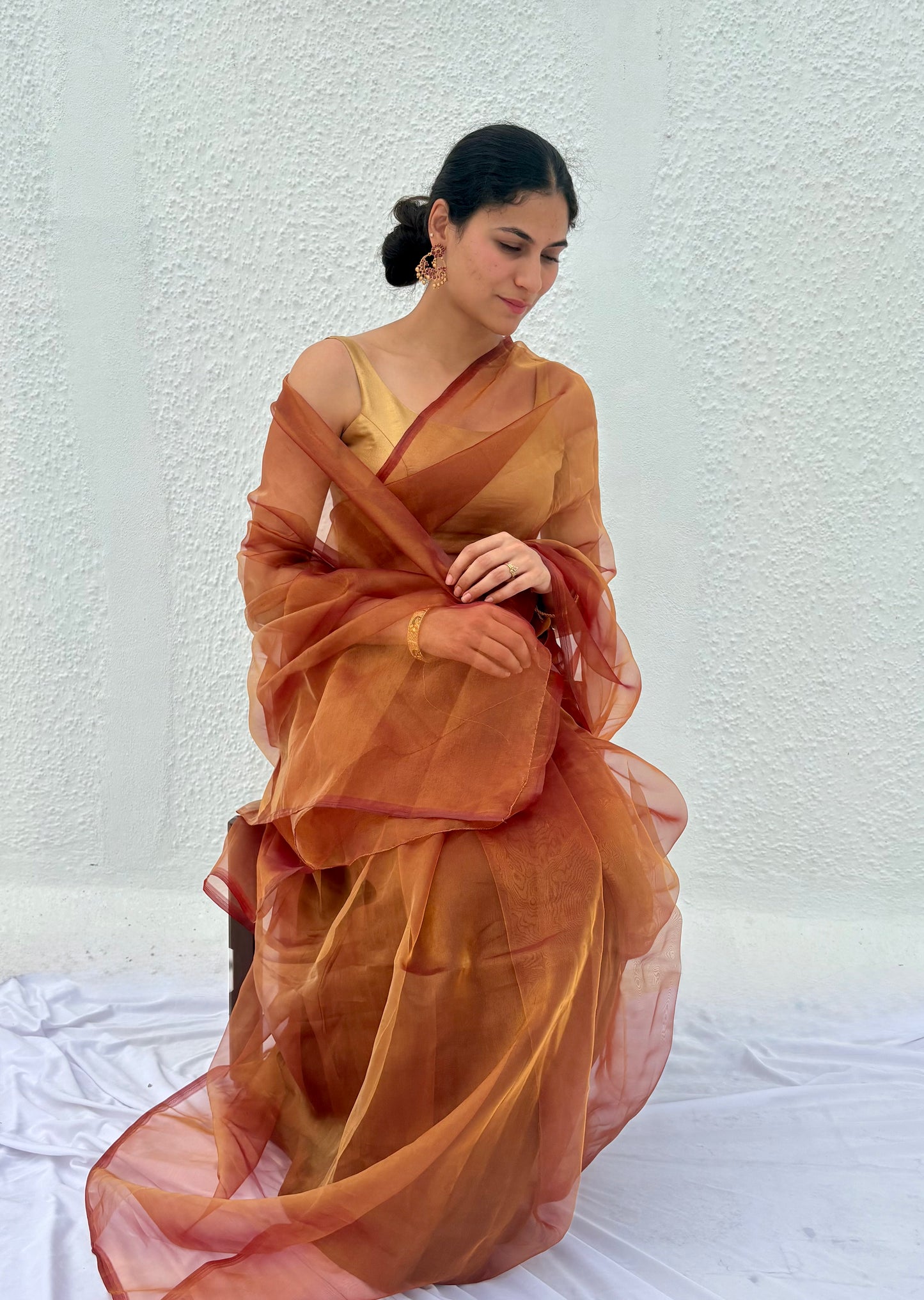 Browinish maroon organza saree glowing under sun