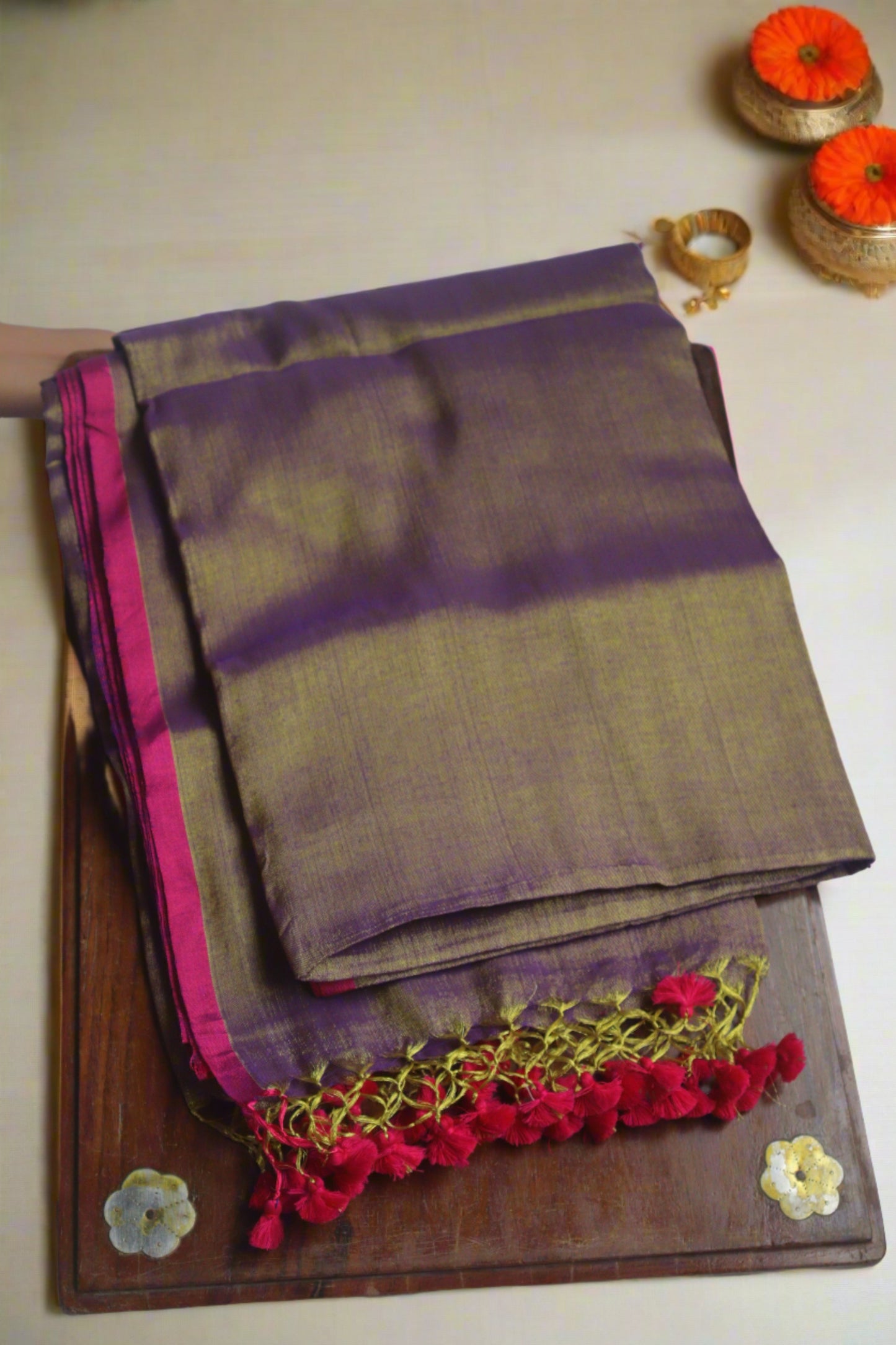 Elegant Purple Pink Cotton Tissue Saree displayed beautifully, showcasing its vibrant colors and lightweight fabric.