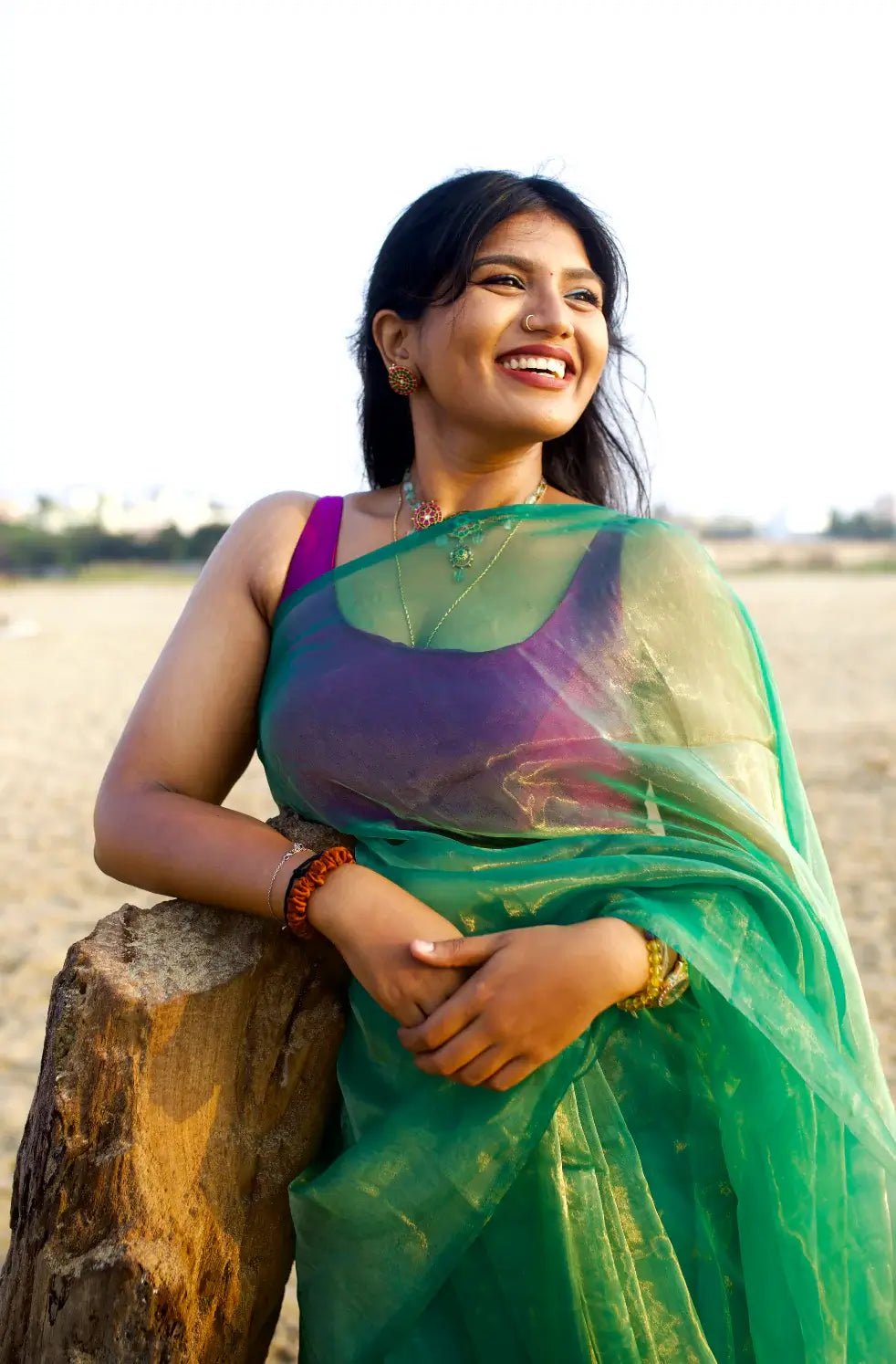 Sari en organza bleu sarcelle