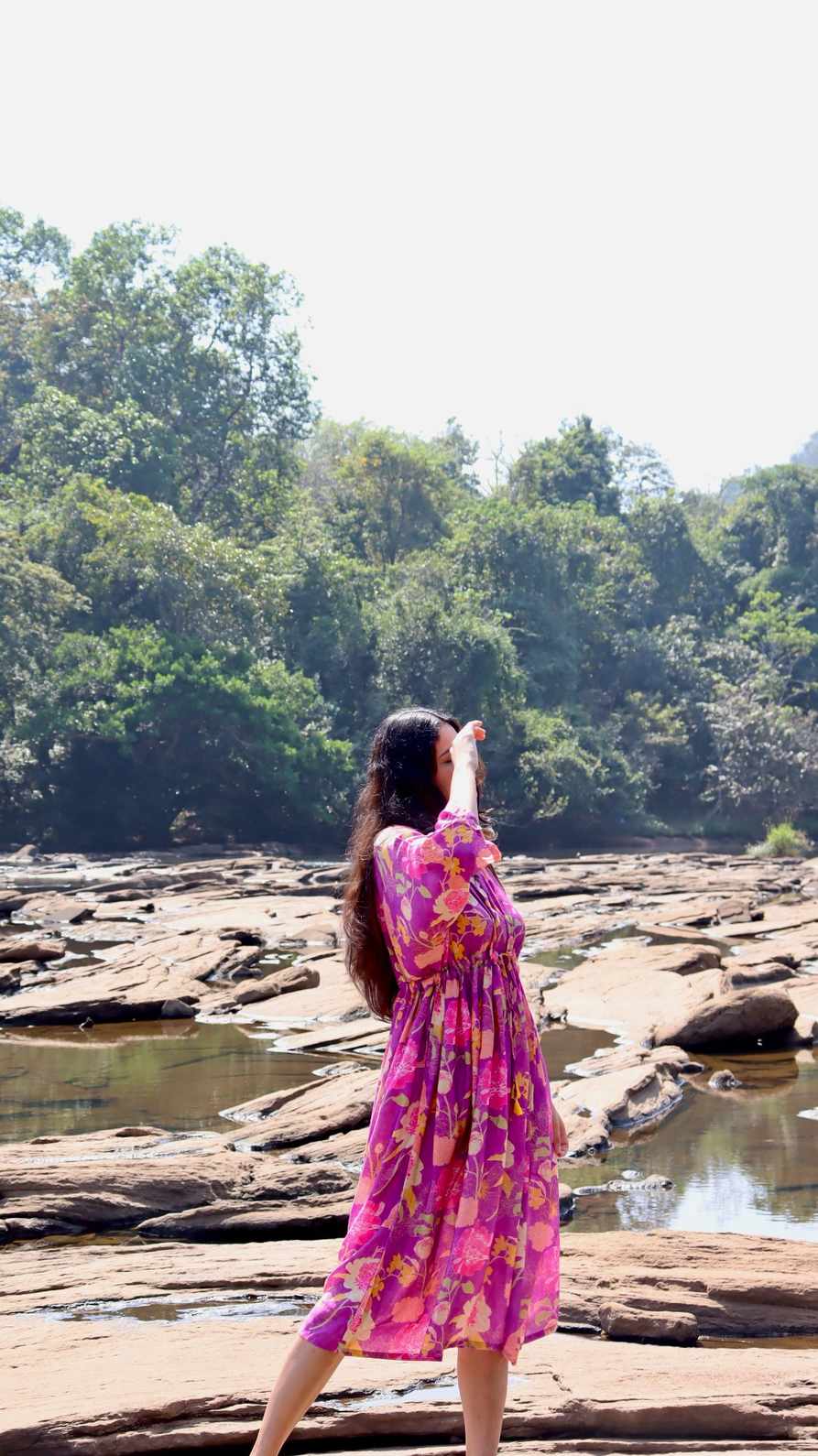 Wide view of Purple floral crepe free size dress with pockets for women