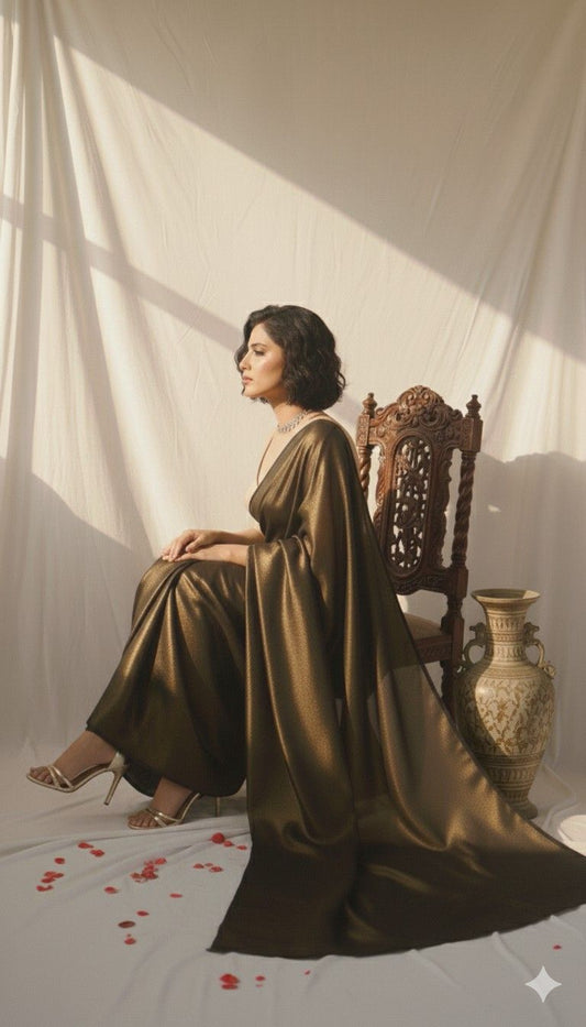 woman wearing and sitting on a traditional chair wearing high heels in a Black and gold satin silk saree with soft gloss and fluid drape