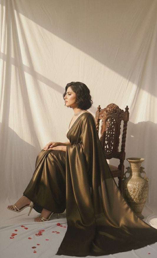 woman wearing and sitting on a traditional chair wearing high heels in a Black and gold satin silk saree with soft gloss and fluid drape