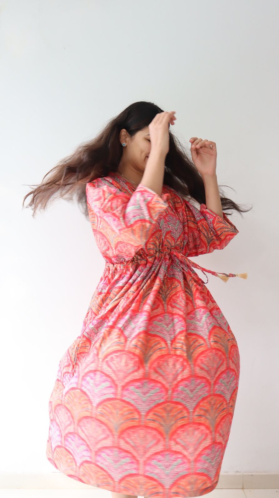 Full length coral fern rayon dress with flowy fit in movement