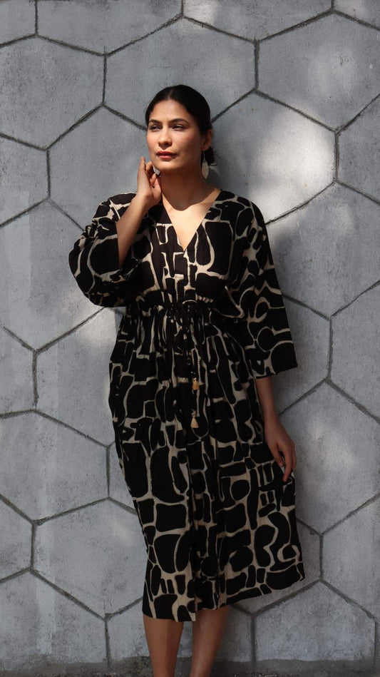 Abstract print rayon free size dress with pockets for women in shadow