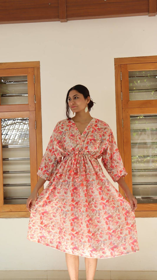 Peach floral leaf print rayon free size dress with pockets for women