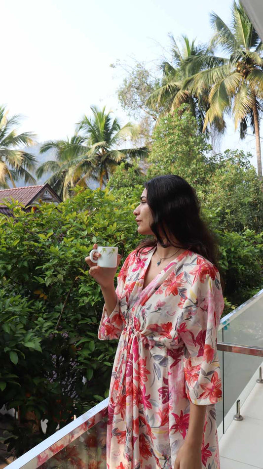 Side view of Large floral print rayon free size dress with pockets for women