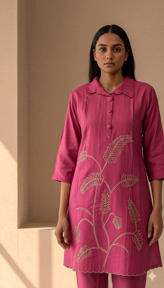 Close-up of embroidery detailing on rosewood kurta co-ord set