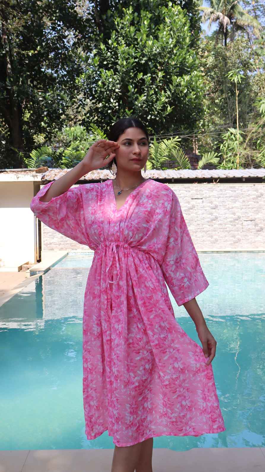 Full length pink sakura blossom linen dress shadow