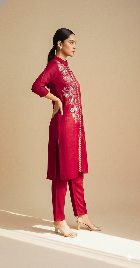 Scarlet Grace scarlet red co-ord set side profile with floral embroidery