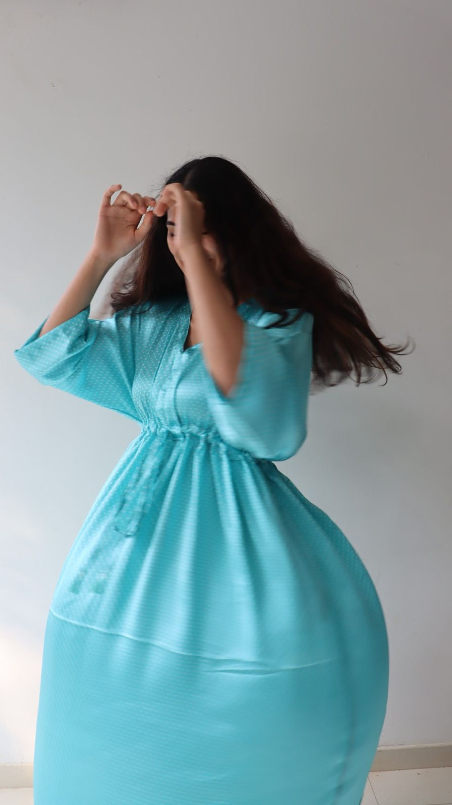 Light blue polka dot satin free size dress with pockets for women in movement