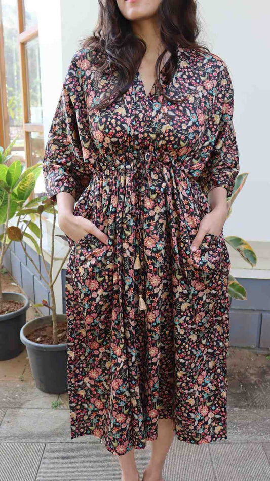 Adjustable waist tie on floral rayon dress for everyday wear