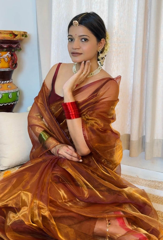 woman in orange maroon brown organza soft saree