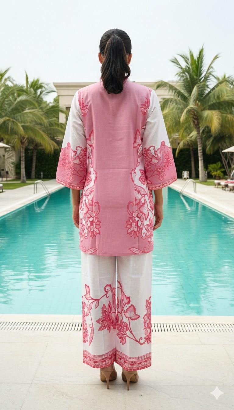 Woman wearing co ord set in pink and white with very comfortable viscose material , the co ord set is printer with beautiful floral patterns from label anaira