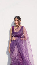 Lavender organza saree with silver sheen in soft lilac — Silver Surfer by Label Anaira