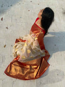 Woman wearing a traditional saree on a light gray pavement