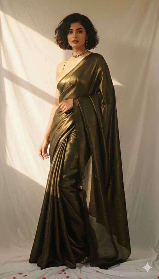 model wearing black and gold satin silk saree with a fluid drape and matching blouse piece. A timeless classic for weddings and festive wear.