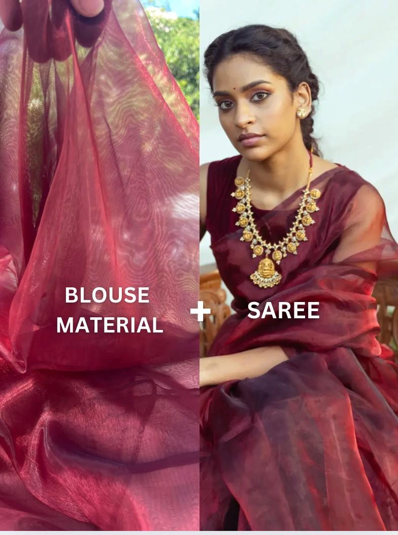 Blood Red Organza Saree with a matching running material 1 metre