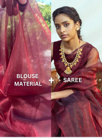 Blood Red Organza Saree with a matching running material 1 metre