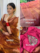 Woman wearing a saree with close-up details of the blouse and Petticoat/Inskirt.