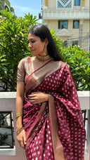Shriya in Classic Plum-Maroon Banarasi Saree with a building and greenery in the background