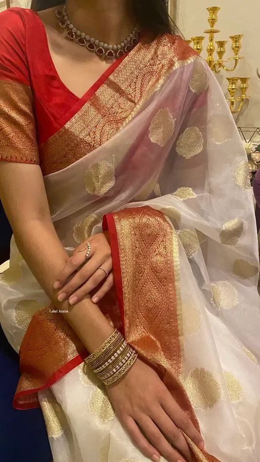 White & Red Banarasi Organza Saree : A Luxe Anaira Collection