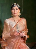 Woman wearing cream organza saree lightweight, shining under the light perfect for weddings and functions