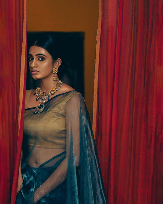 Dark Blue Organza Saree : LIMITED EDITION - Label Anaira