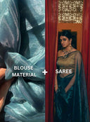 Woman in a saree with text 'Blouse Material + Saree' on a split-screen background.