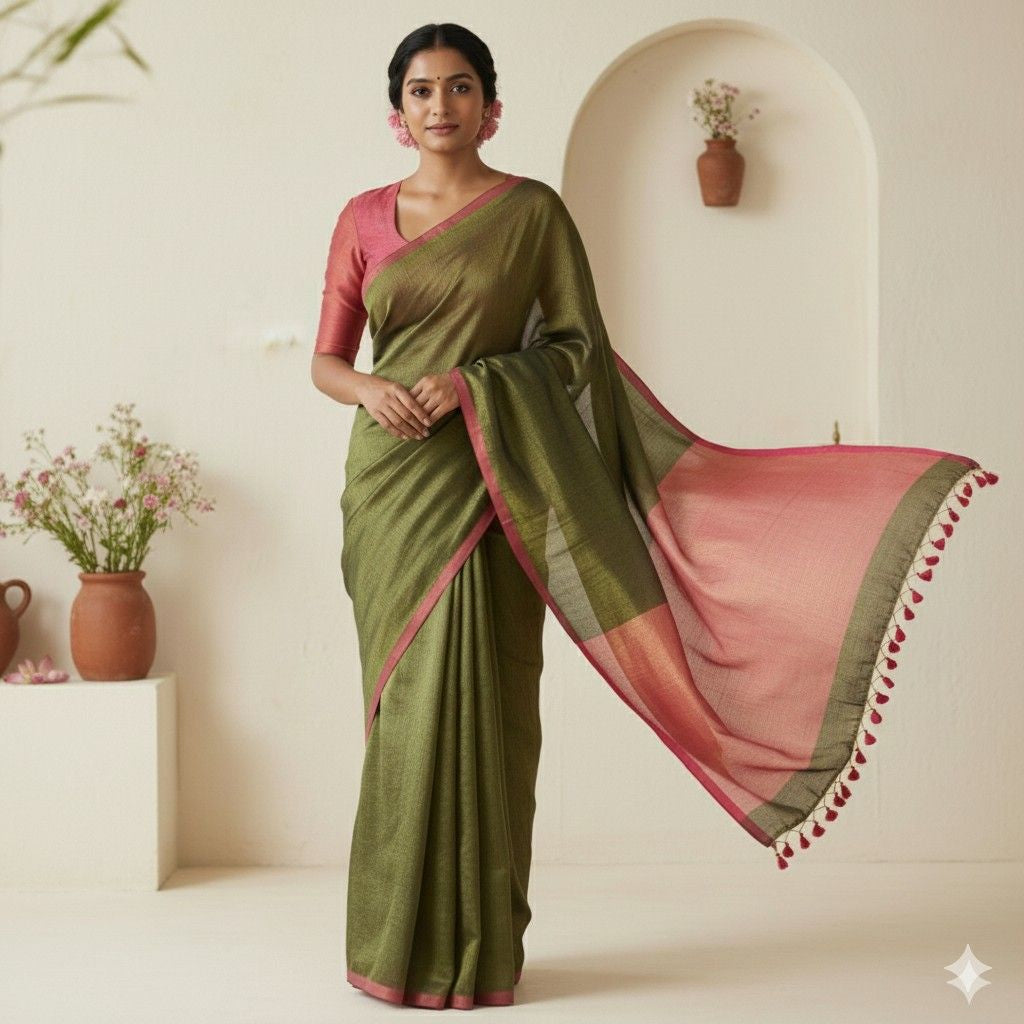 Model wearing dark green and pink linen tissue saree for festive occasions