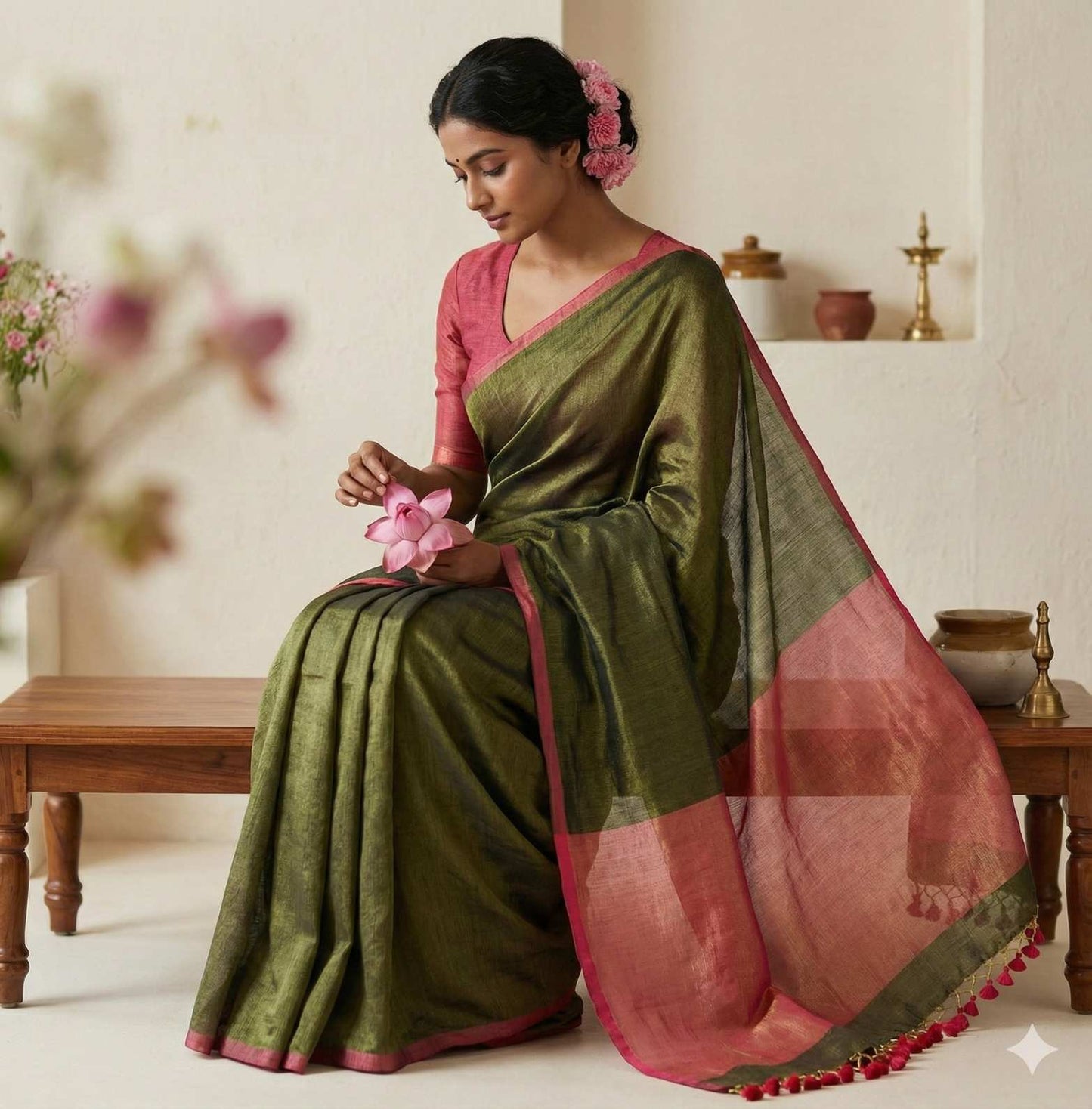 Woman wearing Dark green linen tissue saree with pink pallu and gold shine, with traditional hairstyle , pintresty mood board setting, beautiful traditional linen saree 