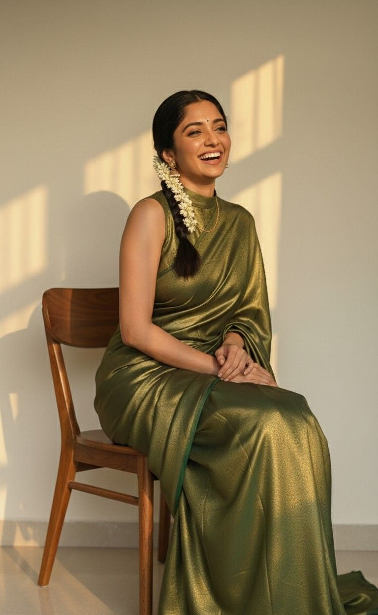 Woman in a green saree - satin silk material , shimmering gold,  sitting on a wooden chair with sunlight casting shadows on the wall.