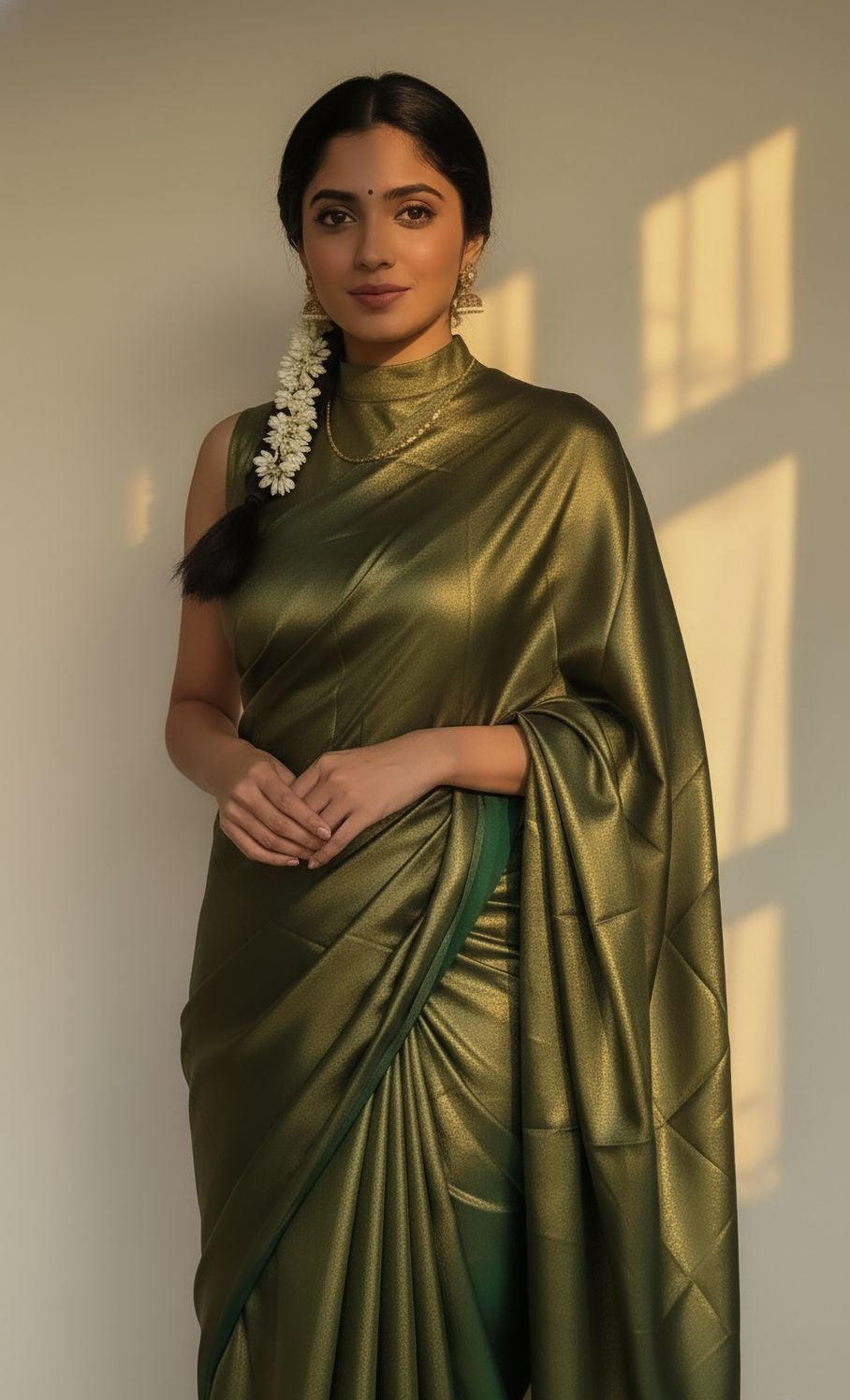 Model wearing dark green satin silk saree with gold shimmer for festive and wedding wear, traditional look on a modern saree