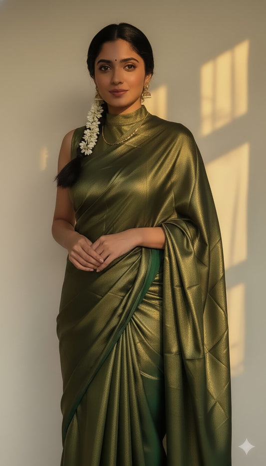 Model wearing dark green satin silk saree with gold shimmer for festive and wedding wear, traditional look on a modern saree