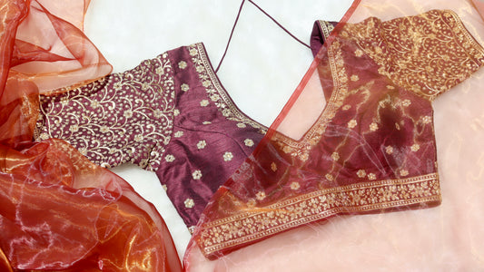 Image of a brown blouse with gold zari accents paired with honey organza saree