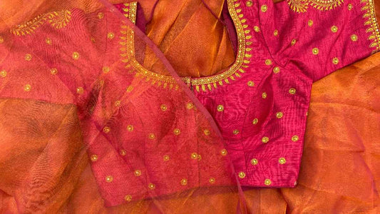 Front view of Label Anaira’s Sitara Paisley Blouse in rich maroon silk blend fabric. Adorned with delicate gold paisley motifs made using fine thread and stone work, this blouse features a soft shimmer and elegant finish — perfect for festive and wedding wear