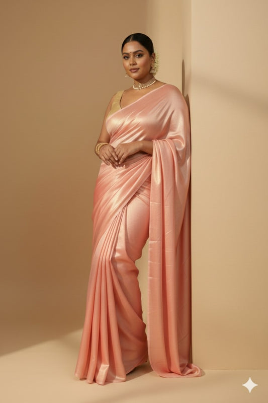 Woman wearing a pink saree against a beige background, the saree is satin silk shimmer, shining under sunlight 