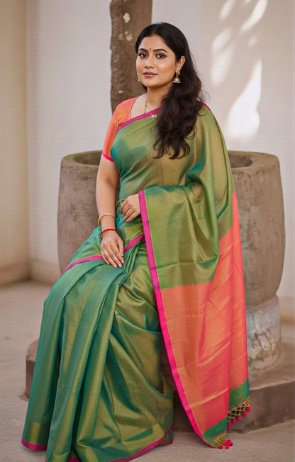 Light Green - Pink Linen Tissue Saree
