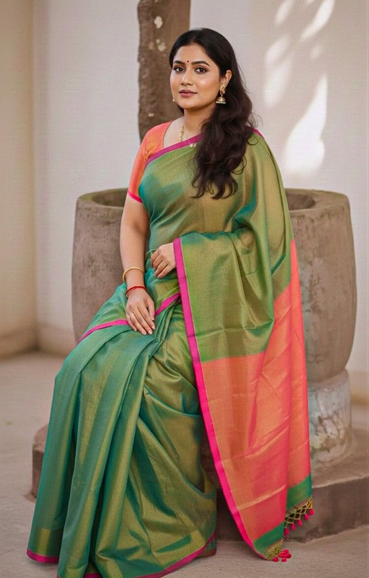 Light Green - Pink Linen Tissue Saree