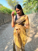 Woman in Glimmering Shadows Organza Saree standing outdoors on a sunny day.