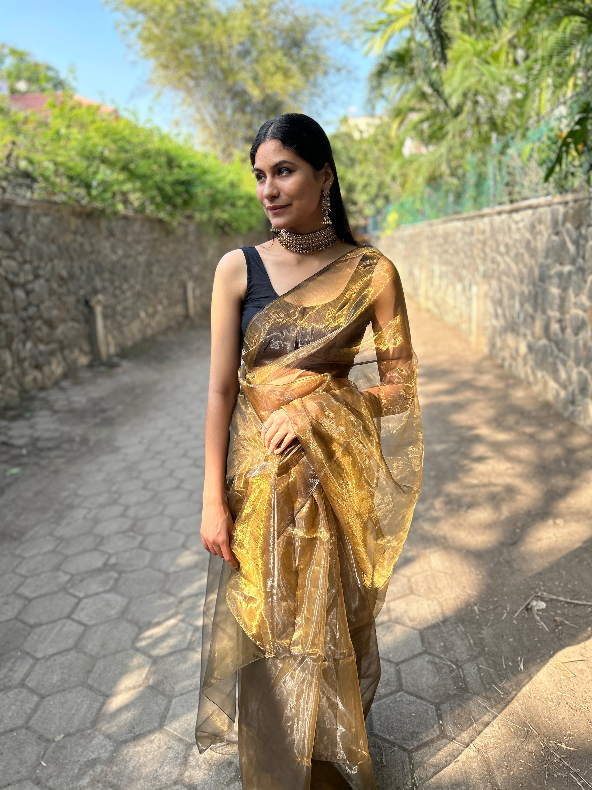 The Glimmering Shadows Black Gold Organza Saree elegantly draped, showcasing its rich black color and shimmering gold details, perfect for festive occasions.