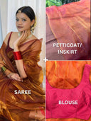 Woman wearing a saree with close-up details of the blouse and Petticoat/Inskirt.