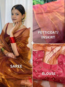 Woman wearing a saree with close-up details of the blouse and Petticoat/Inskirt.